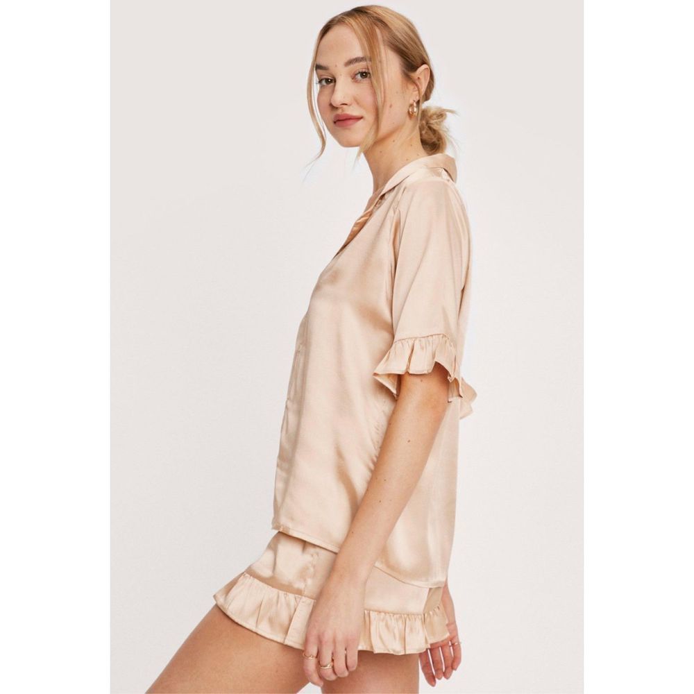 Nasty gal satin ruffle pajama shirt, and shorts set in coffee, size 8